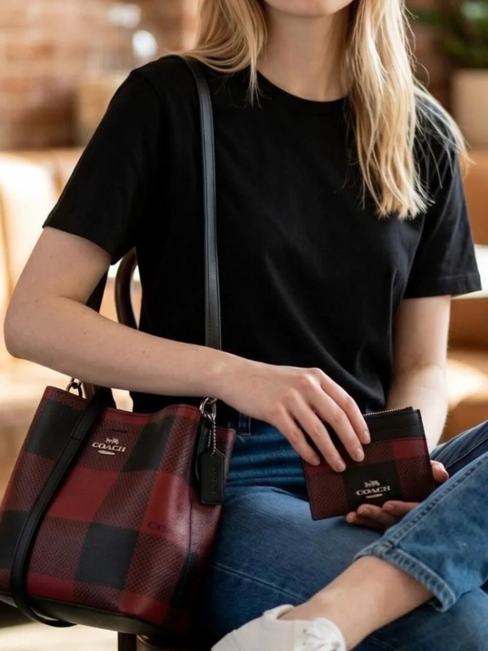 NWT Coach Mini Town Bucket Bag Black/1941 Red Buffalo Plaid Crossbody C7267